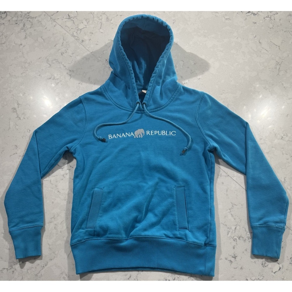 Banana Republic Hoodie Womens XS Teal Blue Sweatshirt Logo Fleece Pullover